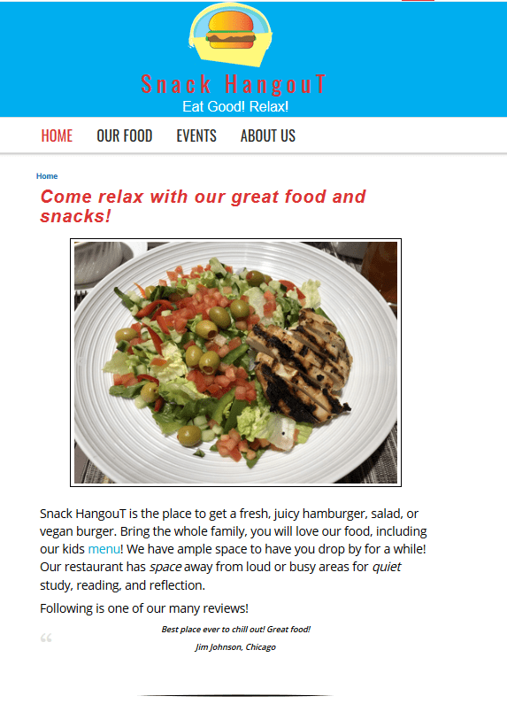 Snack Hangout Restaurant WordPress project from April 2020.